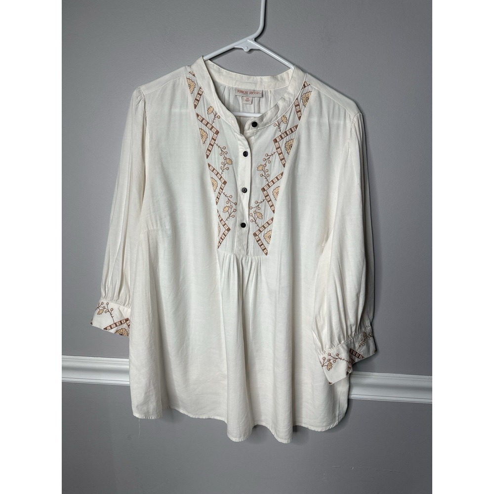 VTG‎ Folk Embroidered Boho Blouse Women's XXL Peasant Cotton Blend Off White EUC